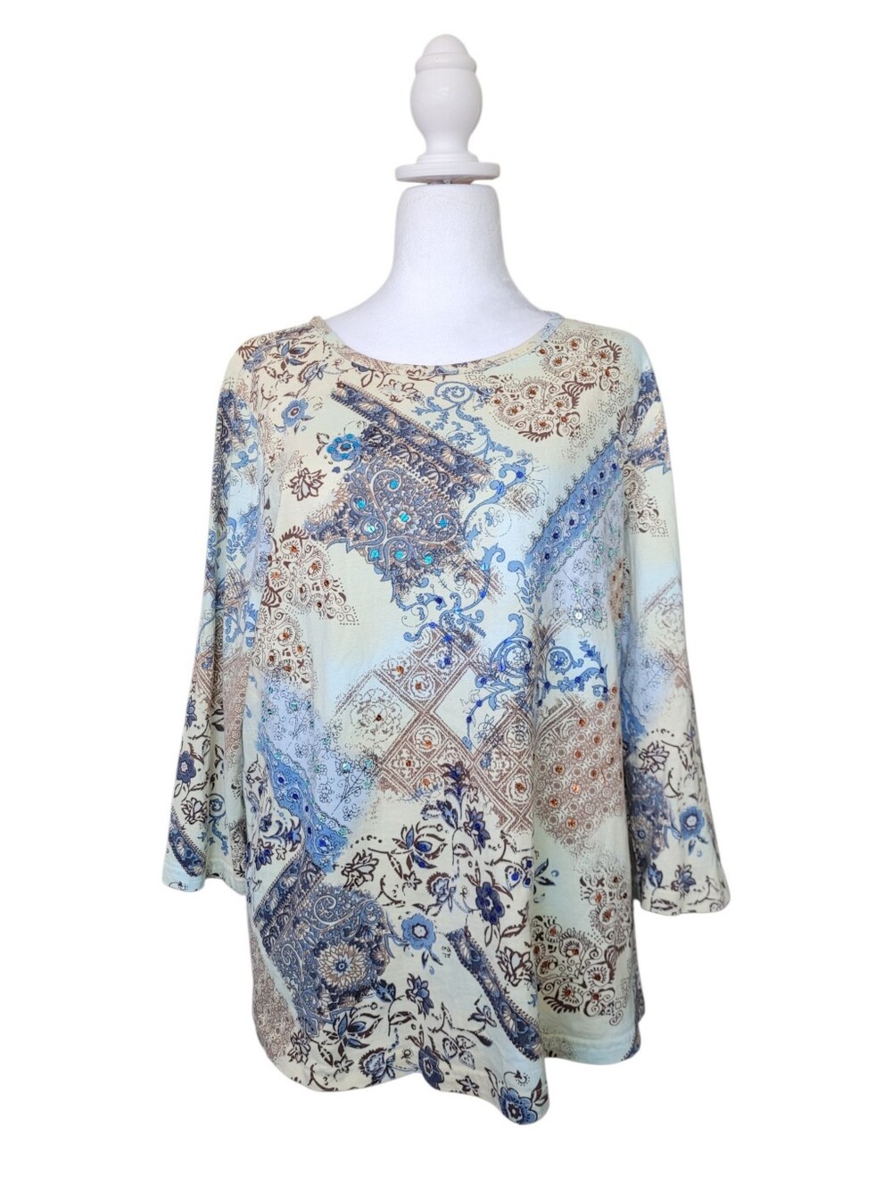 Vintage Y2K Boho Patchwork Print Top With Sequins in Blue and Cream Paisley